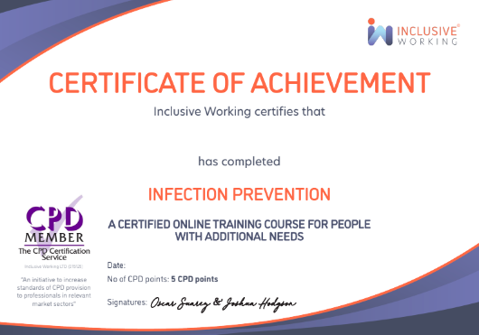 An image of the Inclusive Working Certificate, this is achieved after every eLearning is completed